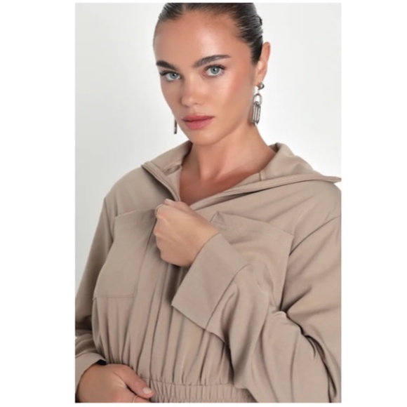 Lulus Versatile Energy Khaki Mock Neck Long Sleeve Utility Mini Dress Brown S - Picture 3 of 8
